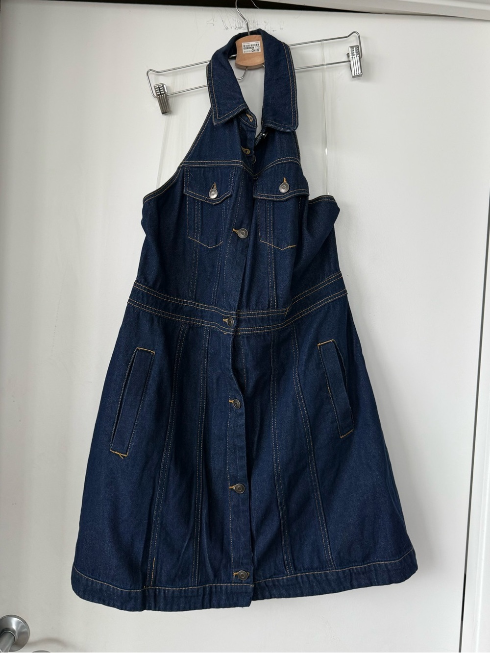 Future Collective Denim Button-Front Halter Dress  - Dark Blue